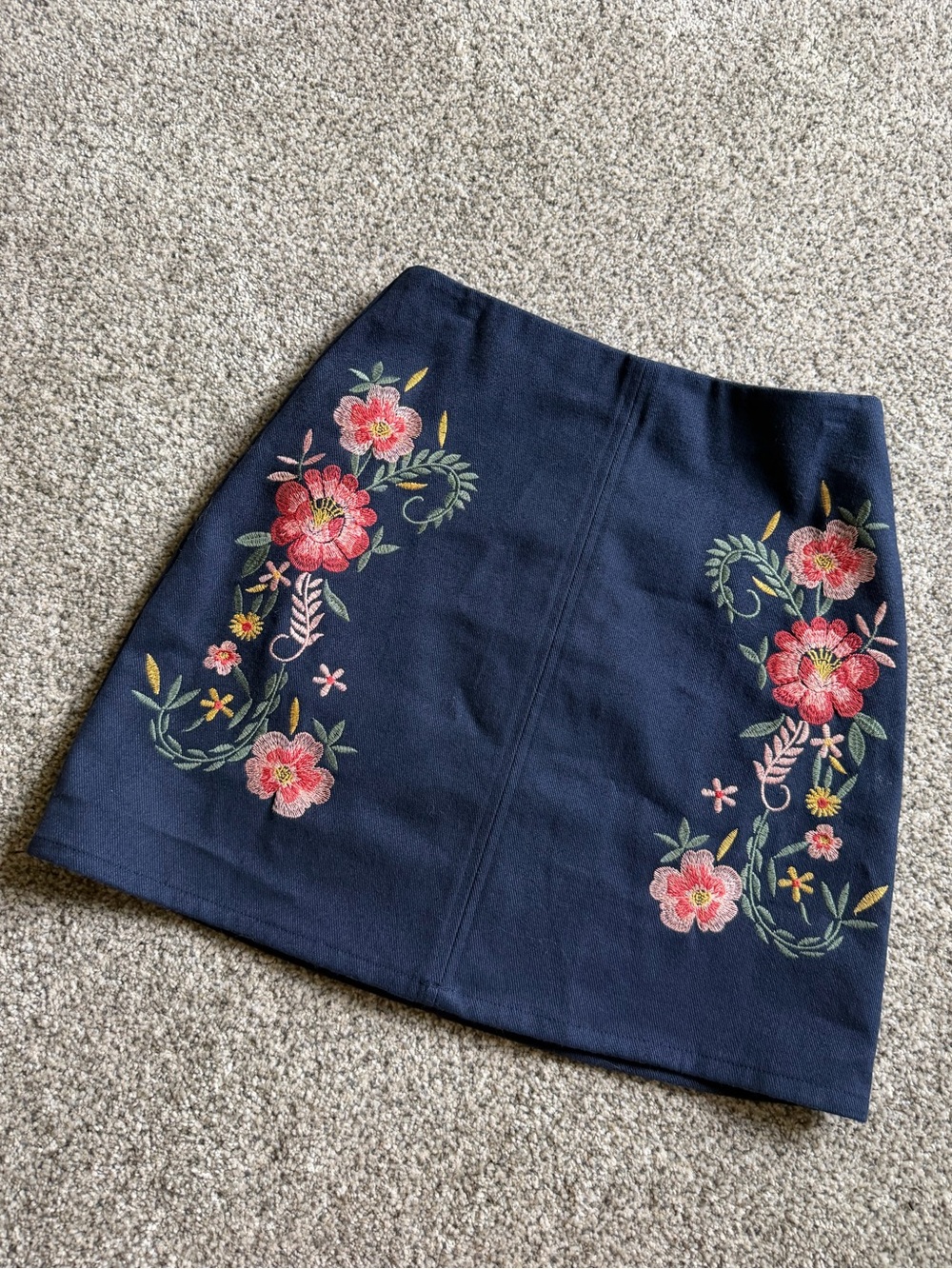 Francesca’s Mi Ami Navy Mini Skirt with Pink Floral Embroidery